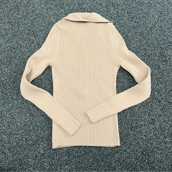 ZARA Beige Ribbed Collared Long-Sleeve Modest Shirt Top Sweater Silver Snaps M - Picture 5 of 12